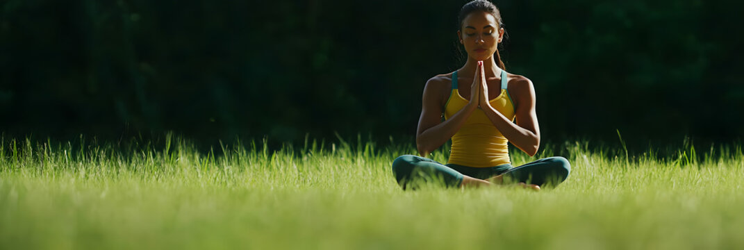A dynamic image of a woman practicing aerial yoga in a silk hammock wide banner