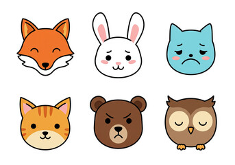Fototapeta premium Adorable Cartoon Animal Faces Fox, Bunny, Cat, Bear, and Owl Emotions in Cute Illustrations
