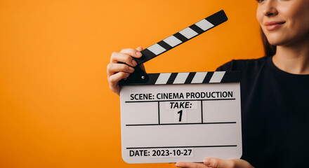Smiling woman holding clapperboard, ready to film exciting cinema production on vivid orange backdrop - perfect for entertainment industry promotions