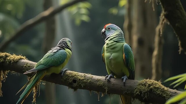 Two vibrant parrots perch on a mossy branch in a lush green rainforest setting