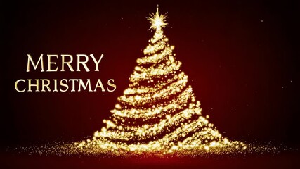 Glowing golden Christmas tree with sparkling star and festive Merry Christmas greeting on red background - Powered by Adobe