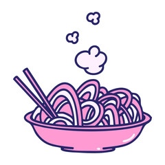 steaming udon noodles served in bowl in bright neon color