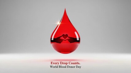 A shiny red drop of blood with hands forming a heart reflected inside, an animation concept for world blood donor day, promoting donation, charity and saving lives in healthcare