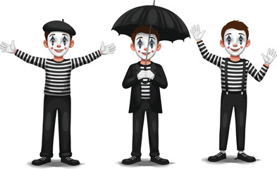 Mime artists in expressive poses with striped costumes, white gloves, theatrical makeup, umbrella prop, isolated on white background for performance concept