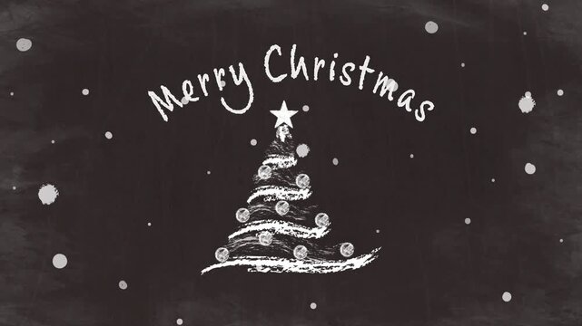 Chalk Style Christmas Tree with Falling Snow and "Merry Christmas" Text Animation on Black Chalkboard Background