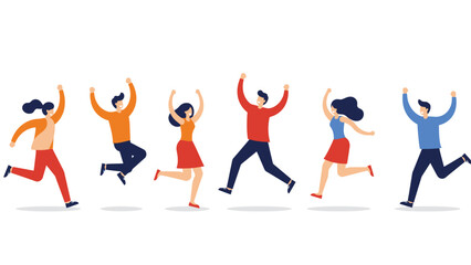 Joyful Diverse Group of People Jumping and Celebrating Success with Arms Raised on White Background