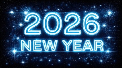 Neon glowing 2026 New Year text with sparkling stars festive night sky celebration background
