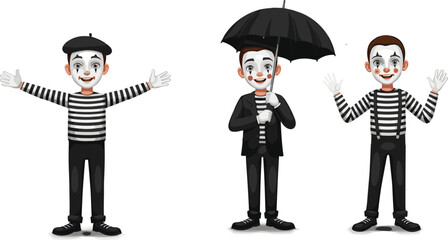 Three Classic Mime Artists in Expressive Poses with Striped Outfits, Face Paint, Umbrella, Beret, and Suspenders on White Background
