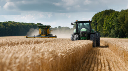 Obraz premium Harvesting wheat represents economic recovery in agriculture, showcasing concept of modern farming techniques and machinery efficiency