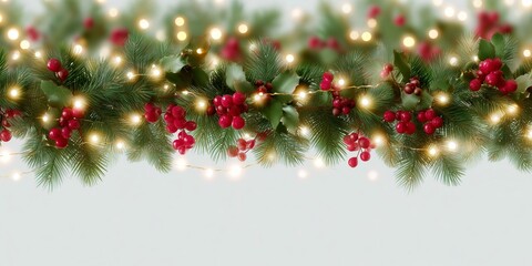 Seasonal garland with red berries and warm lights brightens the holiday d&eacute;cor