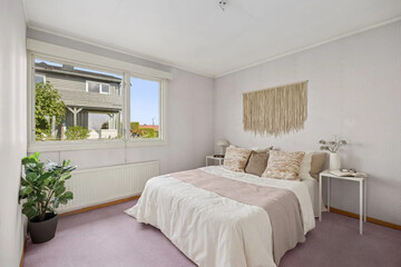 Modern luxury bedroom interior in minimal scandinavian style, 3d render