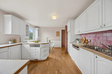 Modern luxury kitchen interior in minimal scandinavian style, 3d render