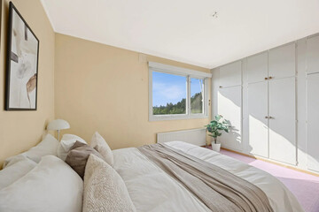 Fototapeta premium Modern luxury bedroom interior in minimal scandinavian style, 3d render