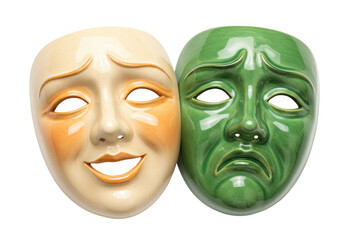 Comedy and tragedy masks isolated on transparent background, theatrical drama symbols representing the duality of human emotions