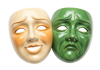Comedy and tragedy masks isolated on transparent background, theatrical drama symbols representing the duality of human emotions