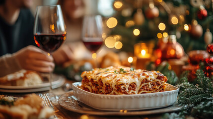 Hand serving a scrumptious portion of freshly made Italian lasagna, topped with gooey cheese and savory meat sauce, from a white plate at a joyful holiday dinner celebration