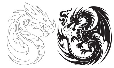 A black dragon vector illustration shows a tribal animal silhouette, perfect as a tattoo design or fantasy art element with a strong, wild shape