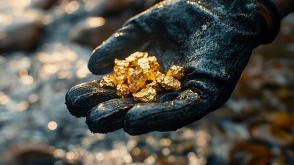 Obraz premium Gloved hand holding gold nuggets in a riverbed, close-up on shining particles, with flowing water and rocks softly blurred.