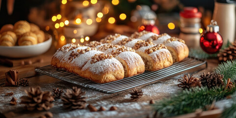 Freshly baked Stollen, a traditional German Christmas fruit bread, cooling on a metal rack, decorated with powdered sugar and nuts, surrounded by festive holiday ornaments and warm bokeh lights