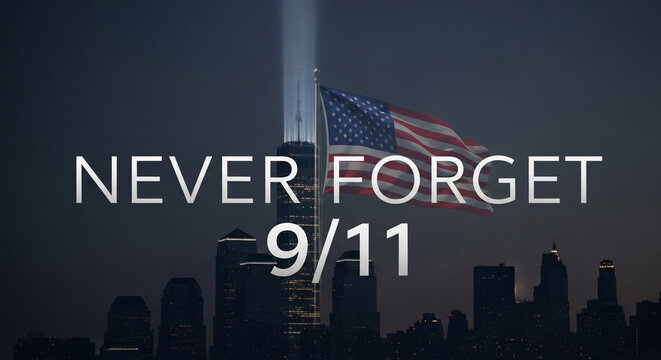 Remembering 9/11 with a tribute light beam piercing the night sky over a somber cityscape and waving American flag