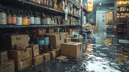 Water damage on product shelves during a flooding event Generative AI