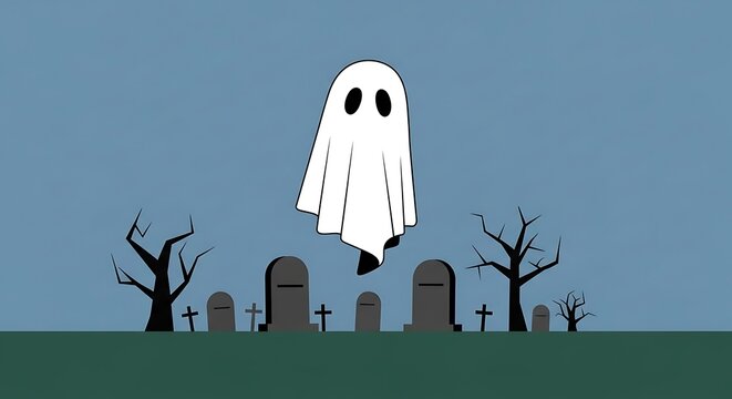 Spooky Ghost Floating Above Cemetery at Night.
