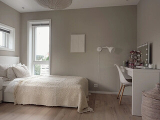 Modern luxury bedroom interior in minimal scandinavian style, 3d render