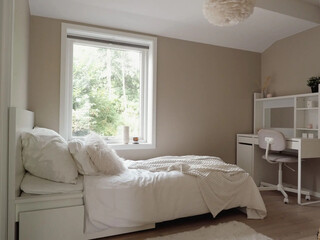 Obraz premium Modern luxury bedroom interior in minimal scandinavian style, 3d render