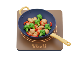 Stir-fry in a wok isolated on a cooking hob PNG, healthy meal with broccoli and peppers for food blog or recipe