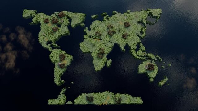 Green World Map with 3D trees or forest shape of world map. World Map Green Planet Earth Day or Environment day Concept.