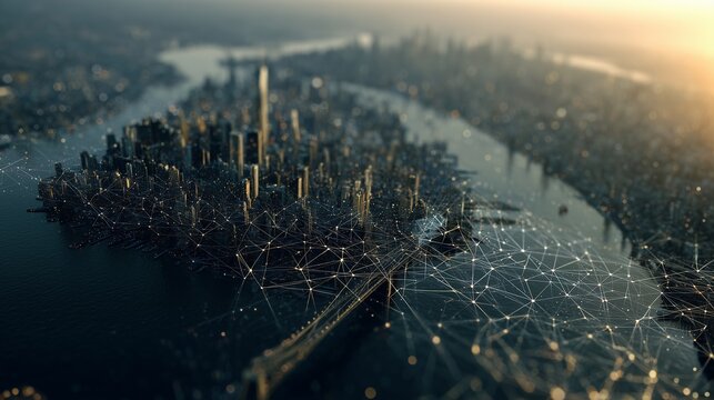 A digital network overlays a city skyline, with digital lines connecting the city in a harmonious web. The city and the network illuminate the dusk, digital shadows cast vibrant pa - Powered by Adobe