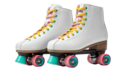 A pair of white roller skates with colorful laces and wheels on a black background in a studio shot created with generated ai