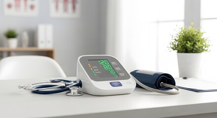 Close up of blood pressure monitor with stethoscope and cuff on a white table in a bright room