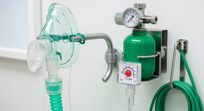 A close up of a wall mounted oxygen mask and tank in a medical setting with white background indoors