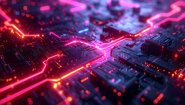 Technological Core: The intricate details of a sophisticated circuit board pulsate with vibrant neon, illustrating the heart of technological innovation in a dynamic display.