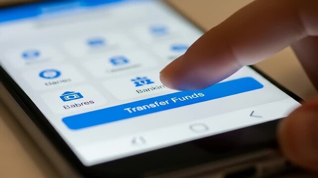Close-up of a finger tapping on a smartphone screen to transfer funds using a mobile banking app.
