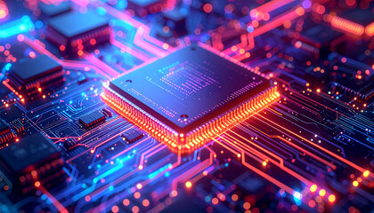 Digital Circuit's Core: Illuminated image highlighting the intricate detail of a state-of-the-art computer chip, where every element exudes sophistication. 