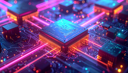 Obraz premium Digital Brain: A vibrant display of a central processing unit (CPU), showcasing a detailed circuit board with luminous electric pathways and interconnected components.