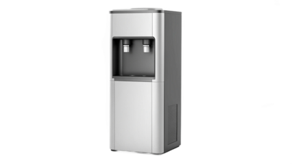 A silver water dispenser with two spouts stands against a dark background in a studio setting created with generated ai