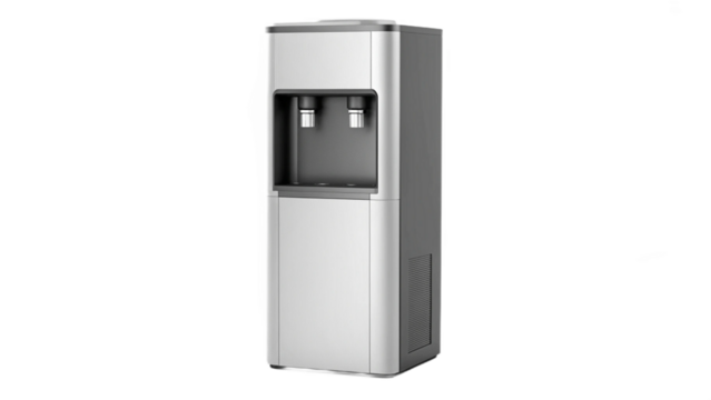 A silver water dispenser with two spouts stands against a dark background in a studio setting created with generated ai