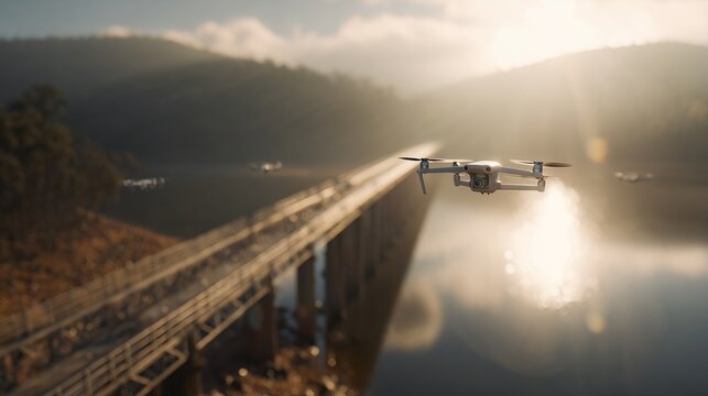 Drones fly steadily over the bridge as the drones capture the landscape beneath. In the distance, other drones reflect sunlight over water, enhancing the scene's depth.
