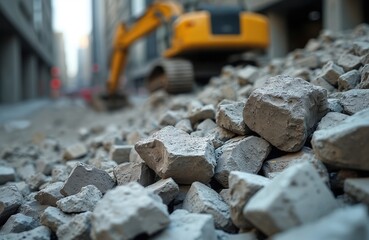 Pile of rubble and debris from demolition with excavator in urban background. Construction site with broken concrete pieces and exposed rebar. Building renovation in progress.