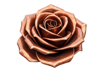 Elegant copper rose sculpture isolated on transparent background, metallic flower art for...