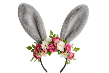 Fluffy gray bunny ears headband with pink and white flowers isolated on a transparent background