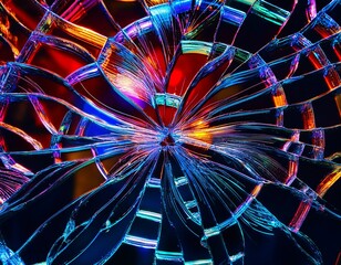 Abstract Shattered Glass Composition with Vibrant Colors, Reflecting Light and Creating Intricate Patterns of Rupture.