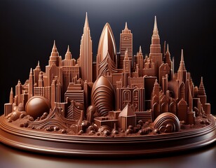 Chocolate Metropolis: An Edible Cityscape of Sweet Dreams and Architectural Delights in Detailed Bronze Tones.