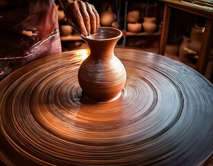 Crafting Beauty: A Potter's Touch Shaping Clay into a Vase on a Spinning Wheel in a Studio