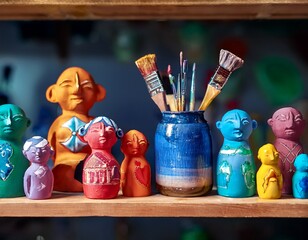 Colorful Ceramic Figurines and Paintbrushes on a Wooden Shelf: A Creative Display of Handmade Art and Art Supplies