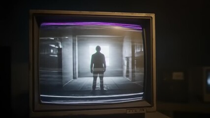 Mysterious Figure in a Retro Monitor Displaying a Glitchy Surveillance Feed. - Powered by Adobe