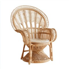 Handwoven rattan peacock chair with curved back and natural cane material on plain white background